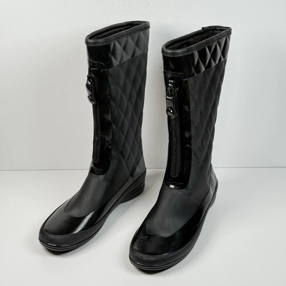 London‎ Fog Women 9M Tribeca Black Tall Rain Boots Quilted Zipper